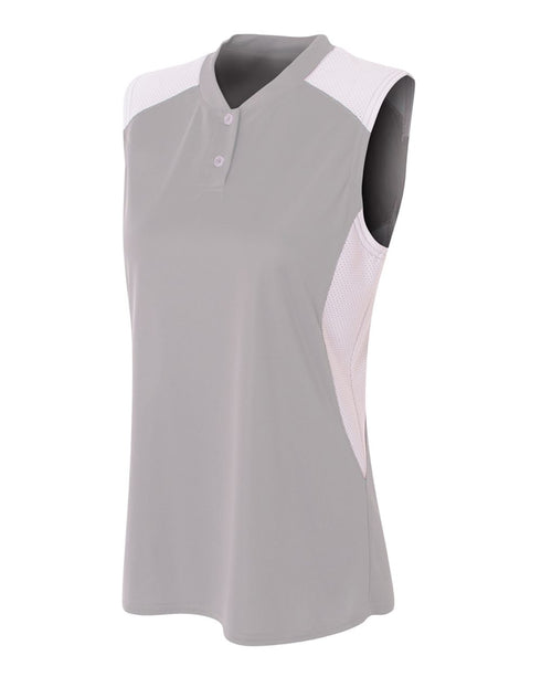 A4 Womens Sleeveless Henley w/ Stretch Mesh Contrast (NW3318), Color 'Silver/White'